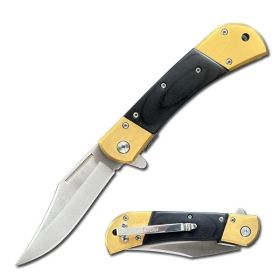 Spring Assisted Knife With Black Wood Overlay Handle Gold Bolster