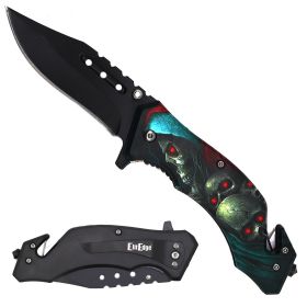 Military TACTICAL Assisted Open Pocket Folding Blue Skull Rescue Knife Blade