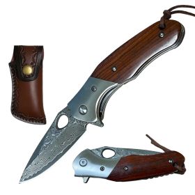 Ball Bearing Damascus Blade Pocket Knife Wood Handle