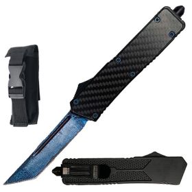 9" Blue Damascus Etched OTF Tanto Blade Automatic Knife