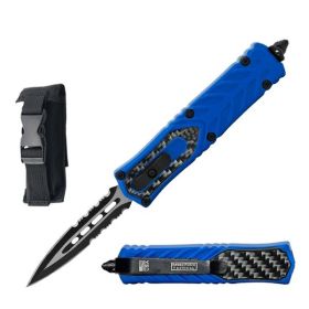 7" Dagger Point Serrated Blade Blue with Carbon Fiber Handle OTF Knife