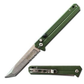9" EDC Serrated Tanto Point Auto Switch Blade - Safety Lock - Green G10 Handle