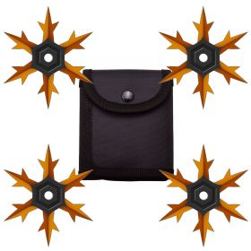 4 Pc Set Orange and Black Finish Six Point Throwing Ninja Stars Snowflake Shurikens