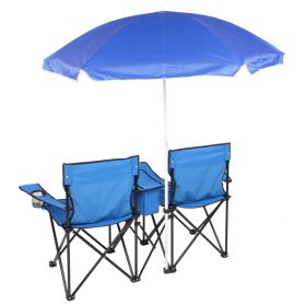 Portable Folding Picnic Double Chair with Umbrella, Table & Cooler – Beach Camping Chair, Red/Gray Palm Tree Design (Color: Blue)