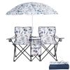 Portable Folding Picnic Double Chair with Umbrella, Table & Cooler – Beach Camping Chair, Red/Gray Palm Tree Design