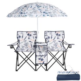 Portable Folding Picnic Double Chair with Umbrella, Table & Cooler – Beach Camping Chair, Red/Gray Palm Tree Design (Color: White Palm Tree)