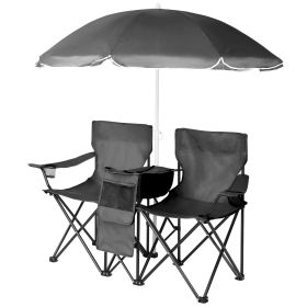 Portable Folding Picnic Double Chair with Umbrella, Table & Cooler – Beach Camping Chair, Red/Gray Palm Tree Design (Color: Black)