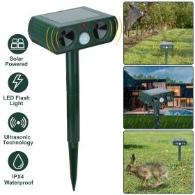 Ultrasonic Animal Repeller Solar Powered Motion Sensor Repellent IPX4 Waterproof Outdoor For Farm Garden Yard Repelling Deer Raccoon Cat Dog Rabbit Sq (Color: Green)